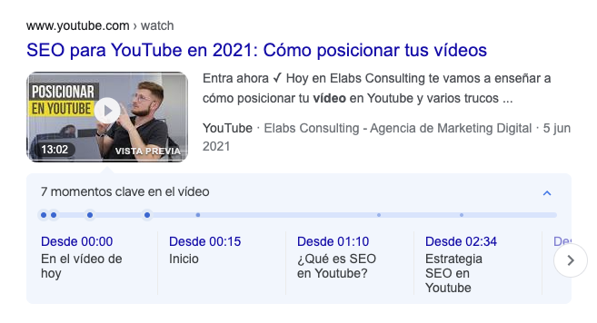 momentos claves del video visto en los resultados de búsqueda de Google